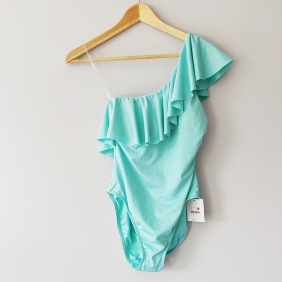 Tropik Mint Green One Shoulder Ruffle Swimsuit NWT - Picture 2 of 10
